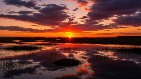 A stunning sunset reflecting on calm water, creating a peaceful and scenic landscape. The vibrant colors and cloud formations enhance the beauty of nature.の素材