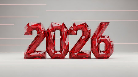 Red metallic balloons forming the number 2026 on a white backgroundの素材