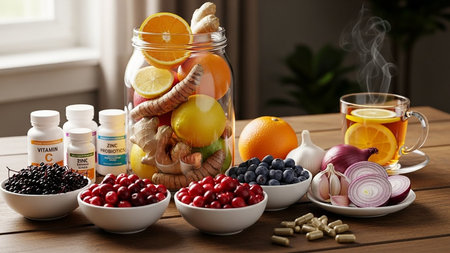 Assorted bowls of berries and supplements with tea on a wooden tableの素材