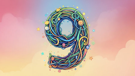 Colorful number nine made of swirling floral patterns on pastel backgroundの素材