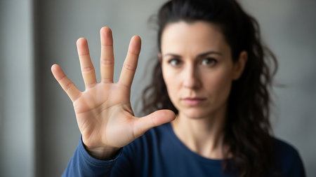 Young woman with dark hair showing her hand in a refusal or stop gestureの素材