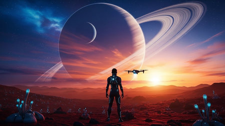 Silhouette of astronaut standing on distant planet with ringed planet and spacecraft in the skyの素材