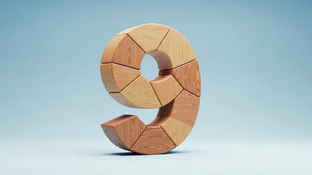 A wooden puzzle in the shape of the number nine, with pieces fitted together, against a blue background.の素材