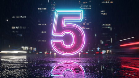 Glowing neon number five in city at nightの素材