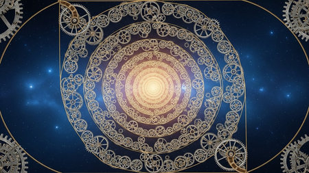 Detailed gears and cogs in a circular pattern against a dark blue backgroundの素材