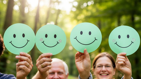 Diverse group holding smiley face cutouts outdoors in natureの素材