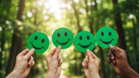 Four hands holding green smiley faces in a forest setting, symbolizing happiness and unity.の素材