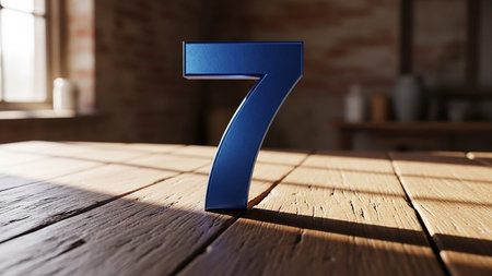 Large blue number 7 on a wooden surface indoors with natural lightの素材