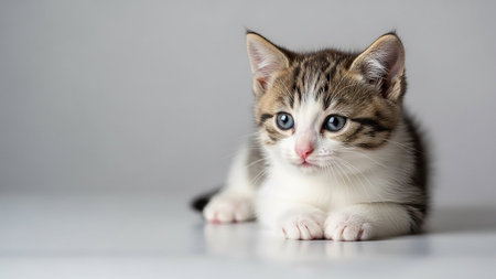 A cute tabby kitten with bright eyes lying on a white floor, looking directly at the camera.の素材