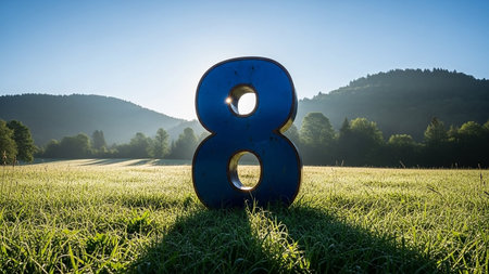 A large blue number eight sculpture stands in a lush green field with mountains in the background under a clear blue sky.の素材