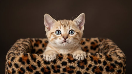 A cute orange kitten perched on a leopard print cushion, looking directly at the camera with bright green eyes.の素材