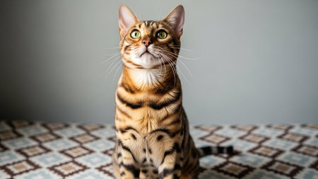 Domestic Bengal cat sitting on a tiled floor looking up, with a grey wall in the background.の素材