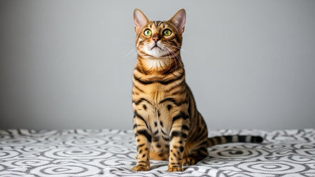 Domestic Bengal cat sitting on patterned floor against gray wallの素材