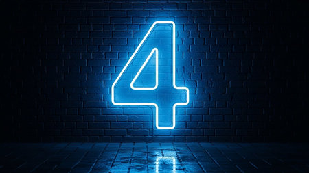 Isolated neon number four on dark backgroundの素材