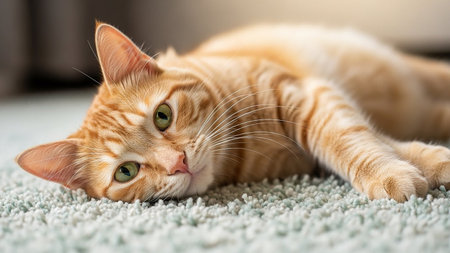 Domestic orange tabby cat resting on a carpeted floor, looking directly at the camera.の素材