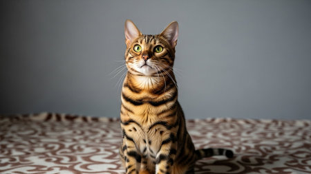 Domestic Bengal cat sitting on a leopard print carpet against a grey backgroundの素材