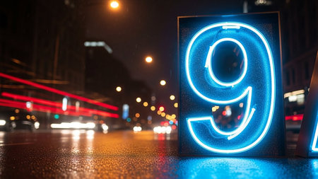Blurry city street at night with neon number nine signの素材
