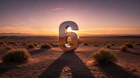 A large golden question mark stands in a desert landscape at sunset, casting a shadow on the ground.の素材