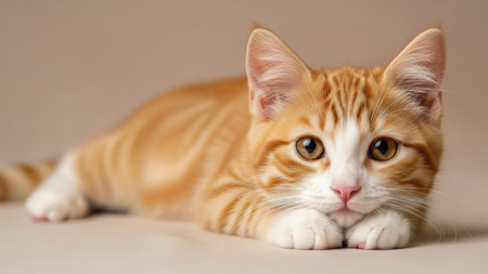 A cute orange tabby cat resting on a plain surfaceの素材