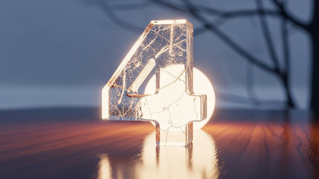 Glowing neon number four sign reflected on wet surface at duskの素材