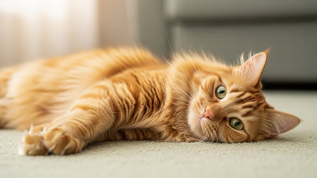 Domestic orange tabby cat resting on the floor at homeの素材