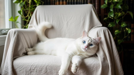 A serene white cat lies on a comfortable armchair with a blanket, surrounded by lush greeneryの素材