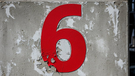 Large red number six on a worn gray surface with peeling paintの素材
