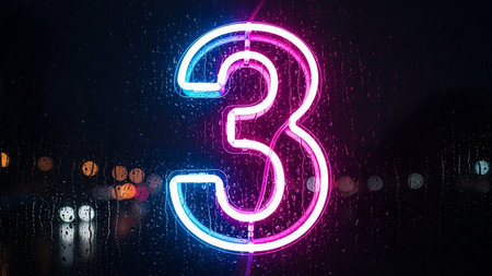 Glowing neon number three sign in blue and pinkの素材