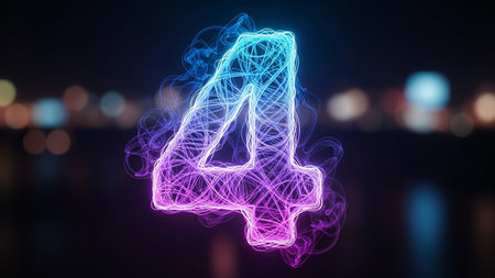 A neon number four glows brightly against a dark cityscape backgroundの素材