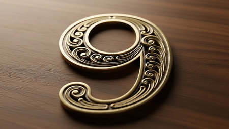 Decorative metal letter C on a wooden table or floor, with intricate designs and patterns.の素材