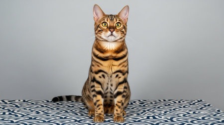 Domestic Bengal cat sitting on a patterned carpet, looking directly at the camera.の素材