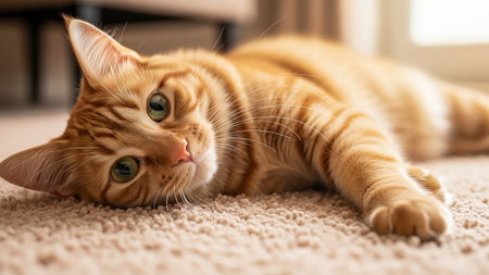 Domestic orange tabby cat resting on a beige carpet indoorsの素材