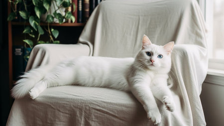 A serene white cat lounging on a comfortable armchair covered with a white blanketの素材
