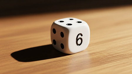 A single white dice with the number six facing up on a wooden table, casting a shadow.の素材