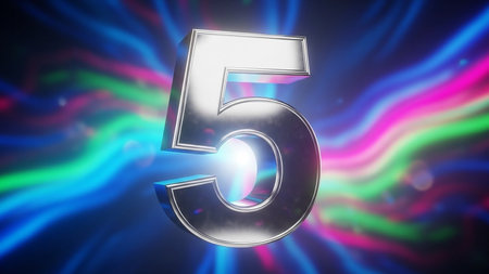 Glowing silver number five surrounded by vibrant neon lightsの素材
