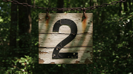 A wooden sign displaying the number two hangs from a chain in a forest setting.の素材