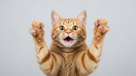 Playful orange tabby cat standing on hind legs with paws raisedの素材