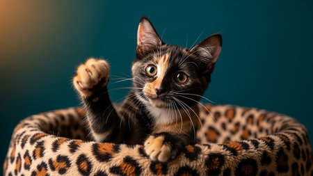 Adorable tortoiseshell kitten sitting in a leopard print bed, looking directly at the camera.の素材