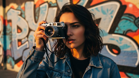 Portrait of a young woman holding a camera in front of graffiti wallの素材