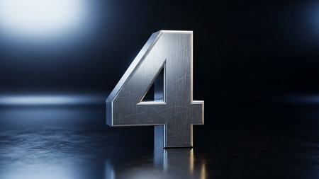 Large metallic number four on a dark reflective surfaceの素材