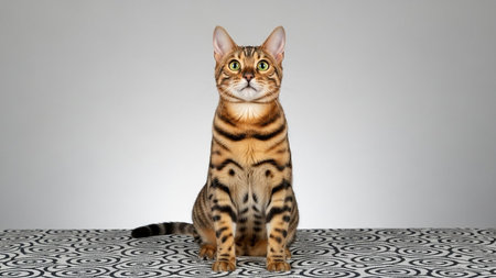 Domestic Bengal cat sitting on a carpet with a spotted pattern, looking directly at the camera.の素材