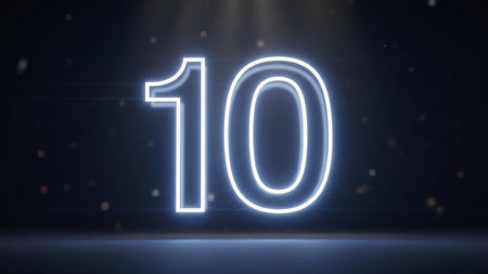 A neon-lit number ten on a dark surface with scattered lightsの素材