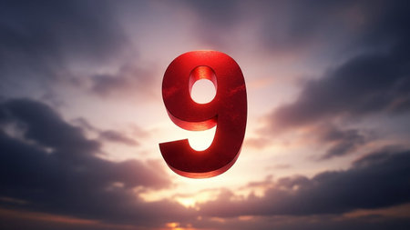 Large red number nine illuminated against a cloudy sunset backgroundの素材