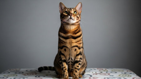 Domestic Bengal cat sitting on a marble surface against a gray backgroundの素材
