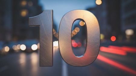 A large metallic number 10 stands on a city street at dusk with blurred traffic lights and cars in the background.の素材