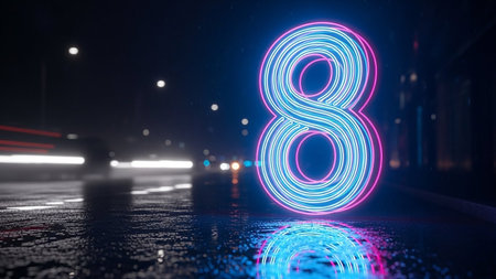 A vibrant neon number eight glows on a dark roadway at night, surrounded by city lights.の素材