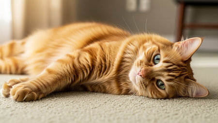 Domestic orange tabby cat resting on a carpeted floor indoorsの素材
