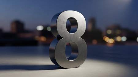 A silver number eight on a reflective surface with a blurred cityscape at night.の素材