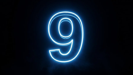 Neon number nine glowing bright blue on a dark backgroundの素材