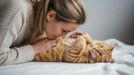 Young woman lying on bed with cat, showing affection and tendernessの素材